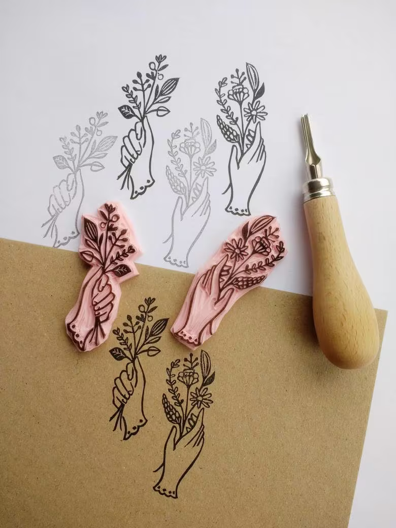 Hand Holding Flowers Stamp, Floral Rubber Dainty Hand Wild Flowers, Bunch Of Stamp