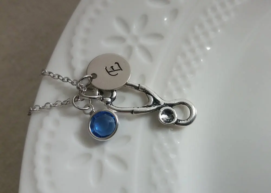 Initial Necklace. Silver Stethoscope Swarovski Birthstone. Graduation Gift. Pendant. Medical Jewelry