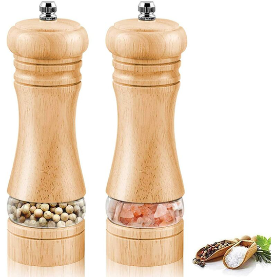 Groofoo - Pepper and Salt Mills, Wooden Salt and Pepper Shakers, Adjustable with Ceramic Spice Grinder, Classic Pepper Grinder, Set of 2 (6inch)