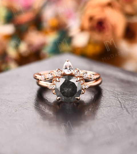 Antique Gray Moissanite Ring Set//1.0Ct 6.5mm Round Cut Salt & Pepper Bridal Set 18K Gold/Salt Wedding