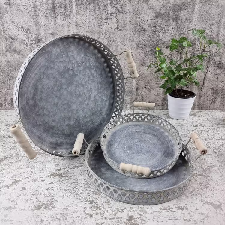 Set Of 3 Galvanised Trays - Round