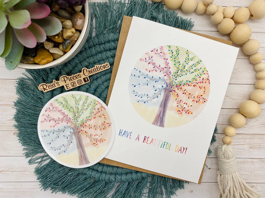 Linen Texture Watercolor Have A Beautiful Day Card, Greeting Card, Blank Cards, Card For Friend, Tree Of Life, Four Seasons