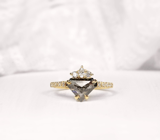 Salt & Pepper Diamond Engagement Ring, Trillion Triangle Shape Rose Cut Black Geometric Ring