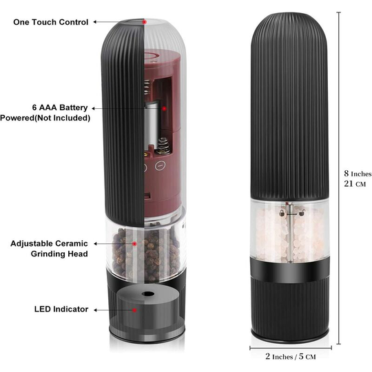 Bearsu - 2 Pack One-Hand Operation Electric Salt and Pepper Grinder Mill Sets Refillable Adjustable Coarseness with led Indicator Light (Touch-Button