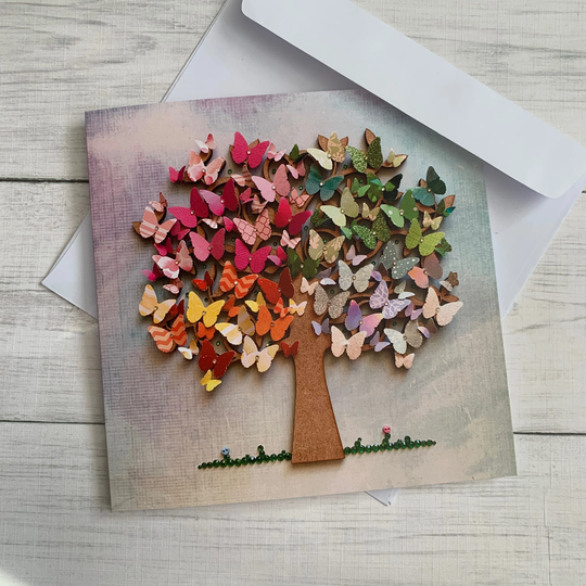 Printed Butterfly Tree Card, Flat Card, Tree Theme Print Season Greeting Satin Print Card, All Occasion Card