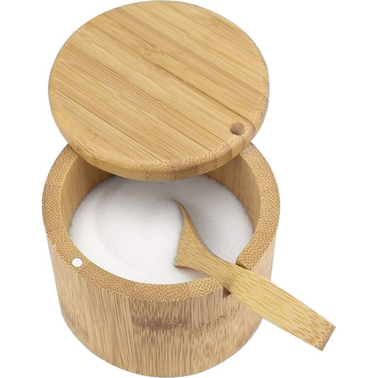 Premium Bamboo Salt Container, Salt Cellar with Magnetic Swivel Lid - Salt Box with Spoon Round Seasoning Jar + Side Long Spoon