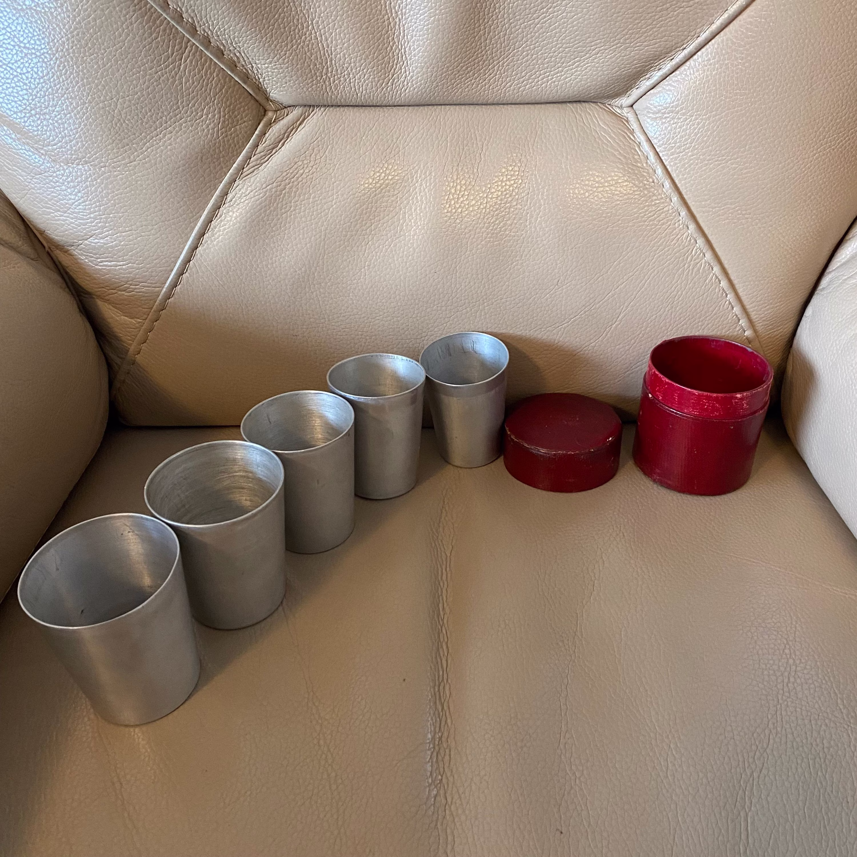 Antique Nesting Cups Edwardian Travel Original Box Boxed Drinkware Aluminium Tumblers Medicine Leather Scrim