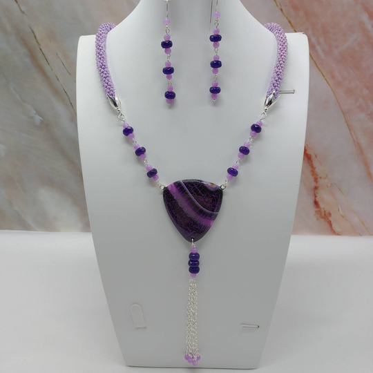 Gemstone Lilac Seed Bead Spiral Crochet Long Necklace Set, Jewelry, Statement Jewelry Unique