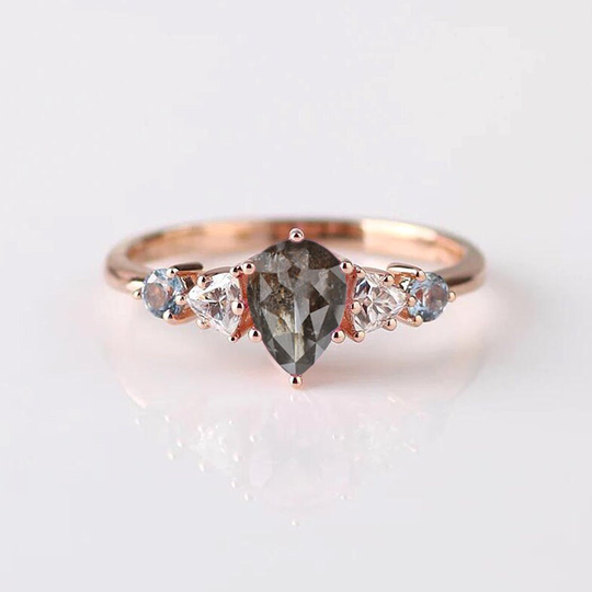 Pear Cut Salt & Pepper Aquamarine Cluster Ring | Dainty Diamond Vintage Wedding 5x7mm Grey
