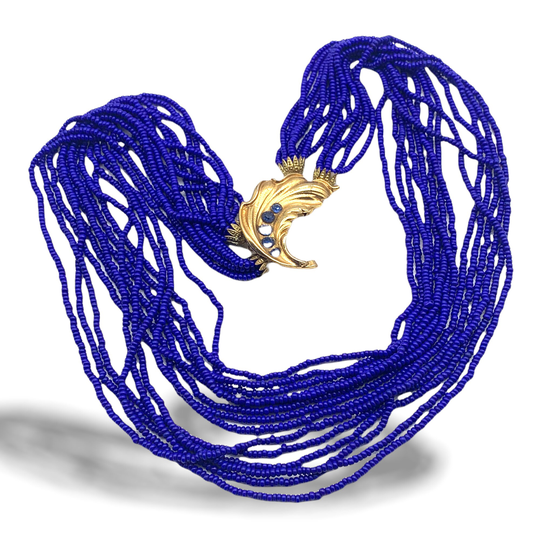 Thirteen Strands Cobalt Blue Glass Seed Bead Necklace - Multi Strand Necklace & Adorable Jeweled Leaf Clasp -Art.973