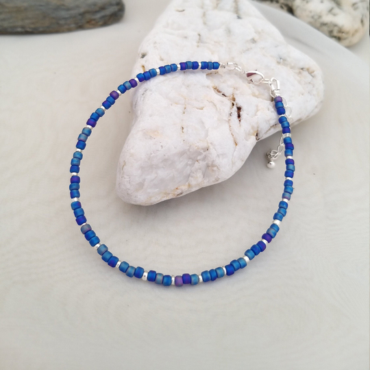 Blue Seed Bead Anklet - Handmade Jewellery Surf Beach Hand Made in Cornwall Cornish