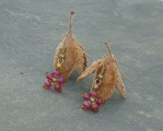 Red Quince Blossom Earrings, Seed Bead Flower in Frosted Ruby, Gold Lustered & Cut Topaz Czech Seed Beads, UK Seller
