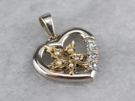 Seed Pearl Maple Leaf & Diamond Heart Pendant, Yellow Gold Layering Birthday Gift, Two Tone Pendant 4Wwxuc7V