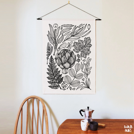 Botanical Herb Garden Wall Hanging - Vintage Art, Boho Kitchen Plant Decor