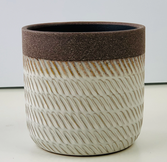 Embossed White Planter With Brown Rim Plant Pot