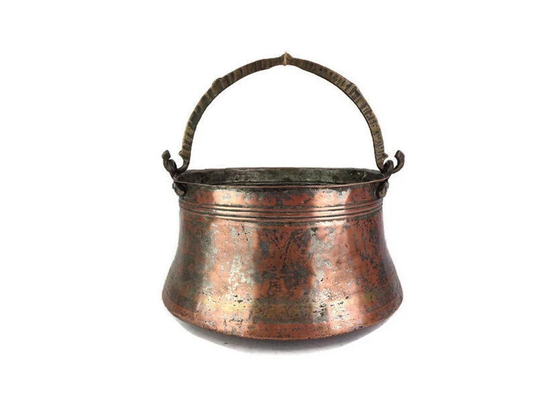Antique Copper Cauldron, Handmade Solid Firewood Storage Hand Hammered Cauldron