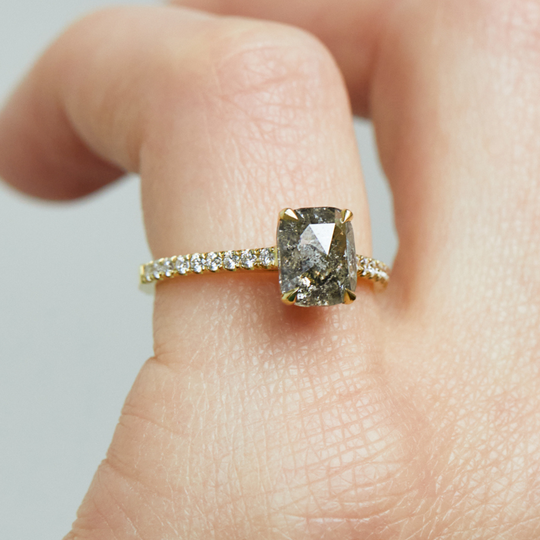 18ct Gold Cushion Cut Salt And Pepper Engagement Ring, Gold