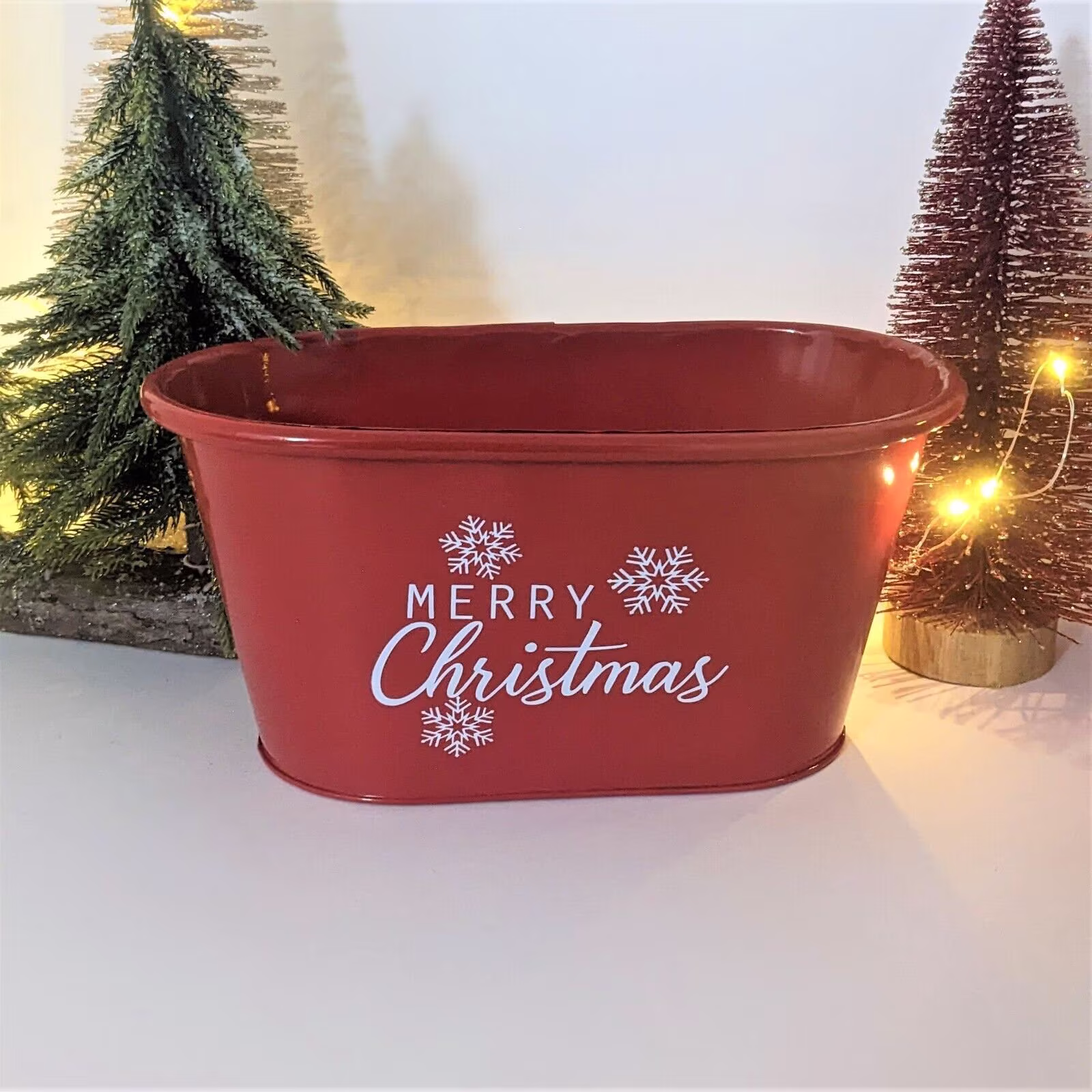 19cm Metal Trough Merry Christmas Red Plant Pot Pail Planter Xmas Decor Snow Flakes