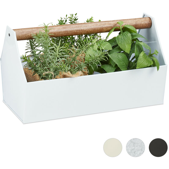 Zinc Box With Wooden Handle, Decor - Tool Box, Flowers & Herbs, Balcony, Planter, Galvanized Iron, White - Relaxdays