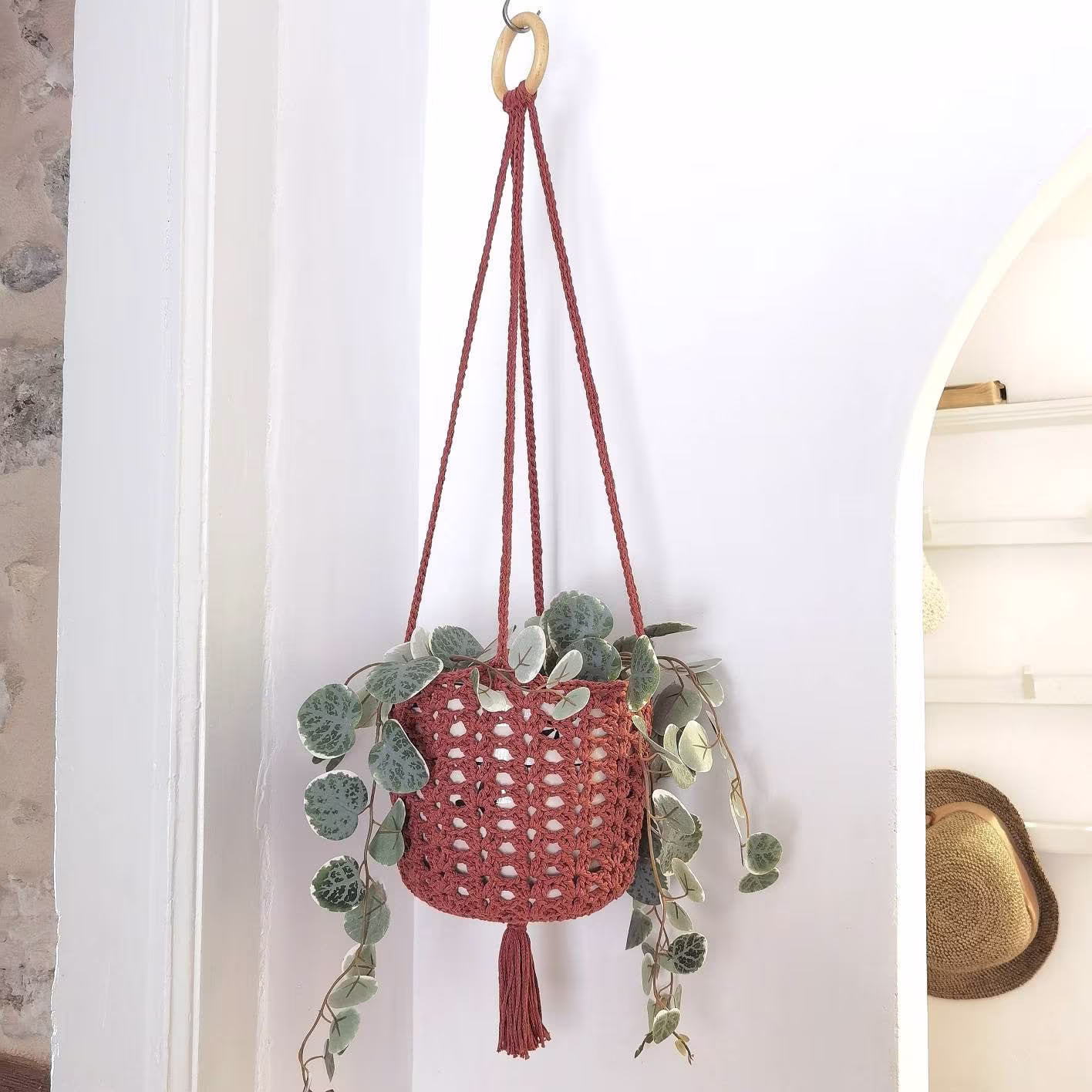 Terracotta Crochet Plant Hanger Indoor, Hanging Planter, Boho Style Wall Planter Succulent