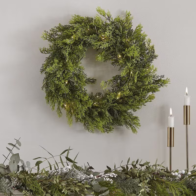 Pre-Lit Pine Christmas Wreath, Front Door Traditional Christmas, Cedar Holiday Season