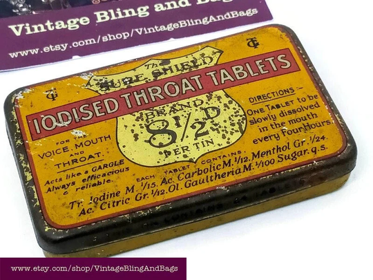 83x52mm Vintage Sure Shield Iodised Throat Tablets Tin, Vintage Advertising Pharmaceutical Medicine Pharmacy