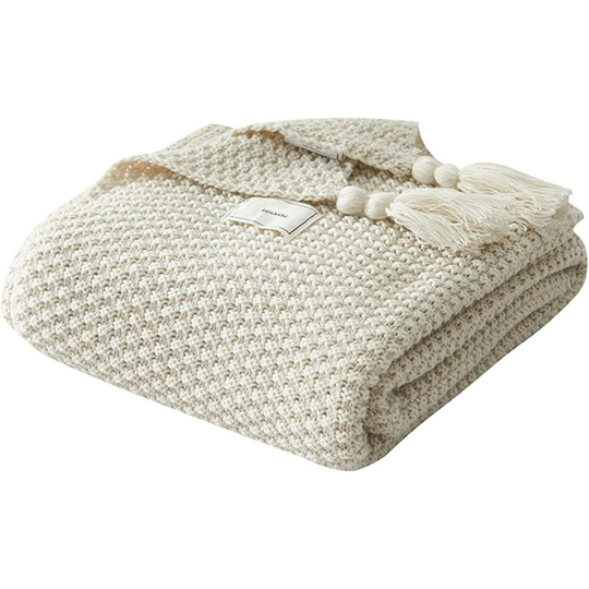 Knit Blanket Plaids Sofa Bedspread Table Mat Soft Warm Nordic Bed Throws with Handmade Fringe for Beach Picnic All Seasons (Beige,130 x 170cm)