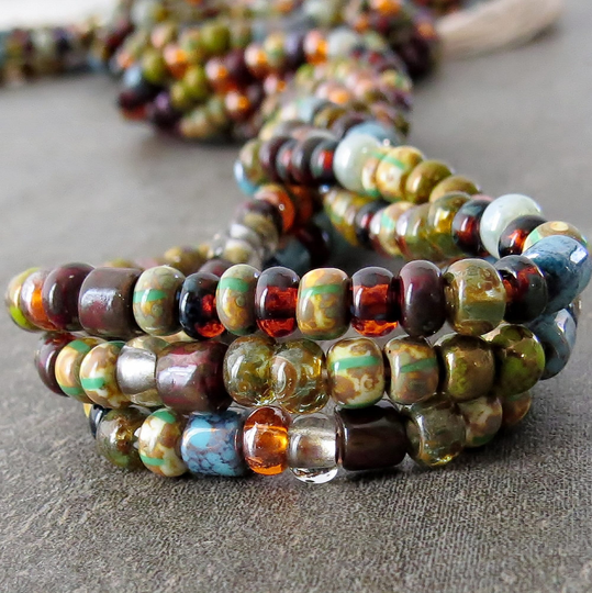 Fuji Rustic Picasso 6/0 Czech Glass Seed Tube Striped Bead Mix 10 Inch Strand