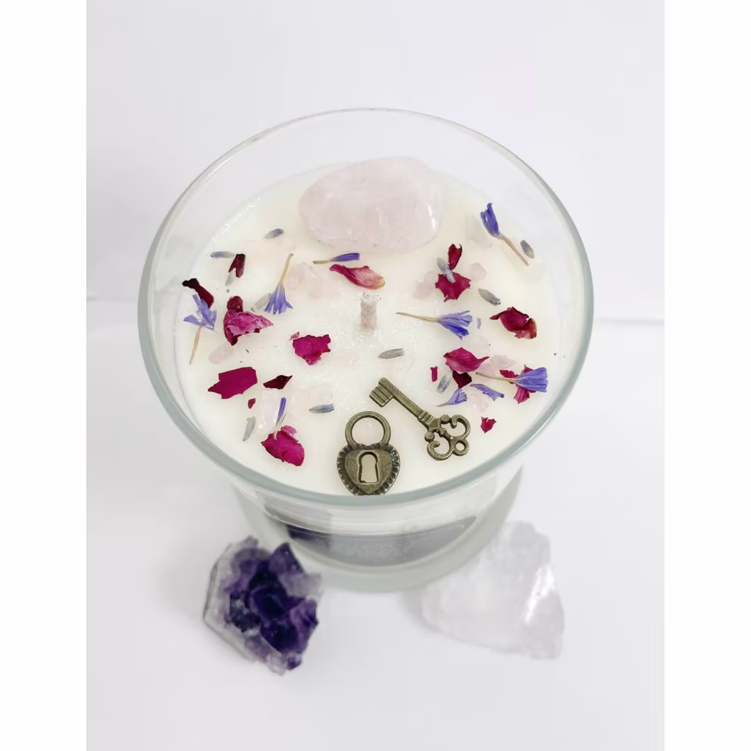 Love Manifestation - Attraction Candle Citrus Scents Crystal Zen Spiritual Stones Herb -100% Natural Soy Wax -Intent