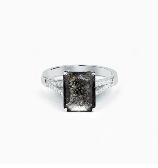 Emerald Cut Natural Salt & Pepper Diamond Dainty Ring | Art Deco Engagement in 9K/14K/18K White Gold