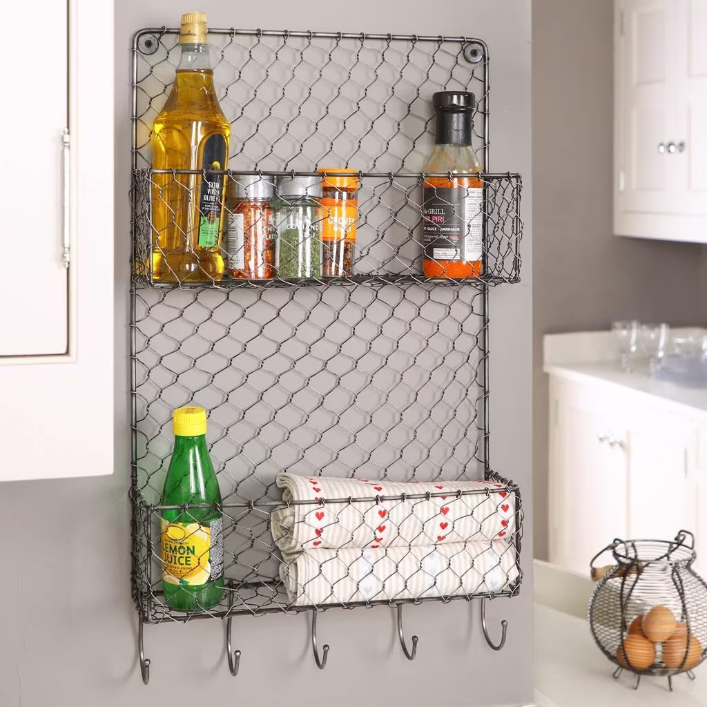 Black Wall Mounted Storage Basket Kitchen Spice Rack Industrial Wire Caddy Organiser Unit