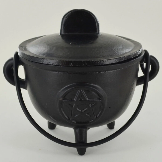 Cauldron Pentagram Cast Iron Incense Burner Pagan Wiccan Altar Herbs Spell Med