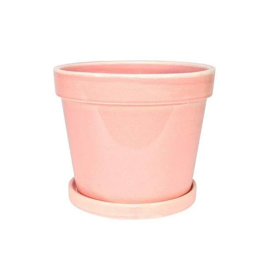 Pink Vintage Stoneware Painted Pot With Saucer | 15cm X 13cm - Fast & Free UK Delivery