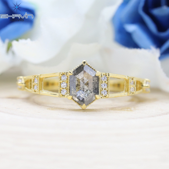 14K & 18K, Gold Ring, Hexagon Diamond, Salt & Pepper Natural Diamond Engagement Wedding Bjr-80