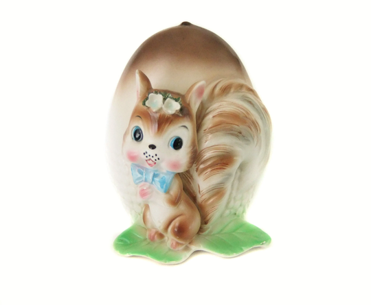 Vintage Squirrel Planter, Relpo Japan Acorn Baby Blue Bow Tie, Big Eyes, Kitsch Anthropomorphic Planter