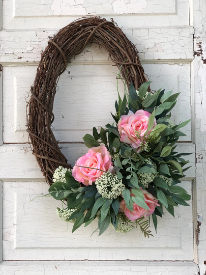 Spring Wreath For Front Door, Mantel Wreath, Pink Rose Porch Everyday All Seasons To Summer Wreaths