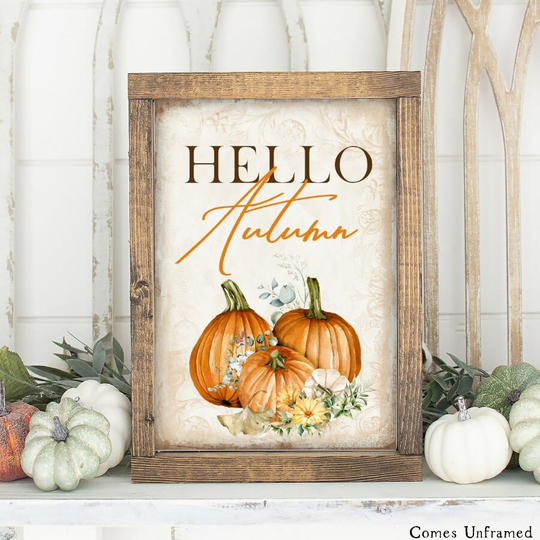 Rustic Hello Autumn Print, Pumpkin Sign, Pumpkins Farmhouse Decor, Seasonal Home Wall Art, Decor