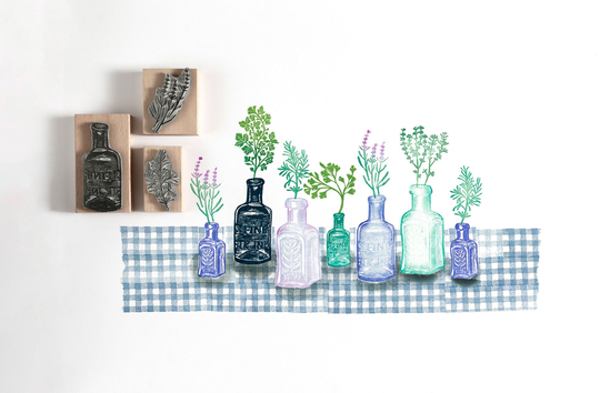 Vintage Glass Bottle Rubber Stamps, Herb Stamp, Card Making, Label Stamp
