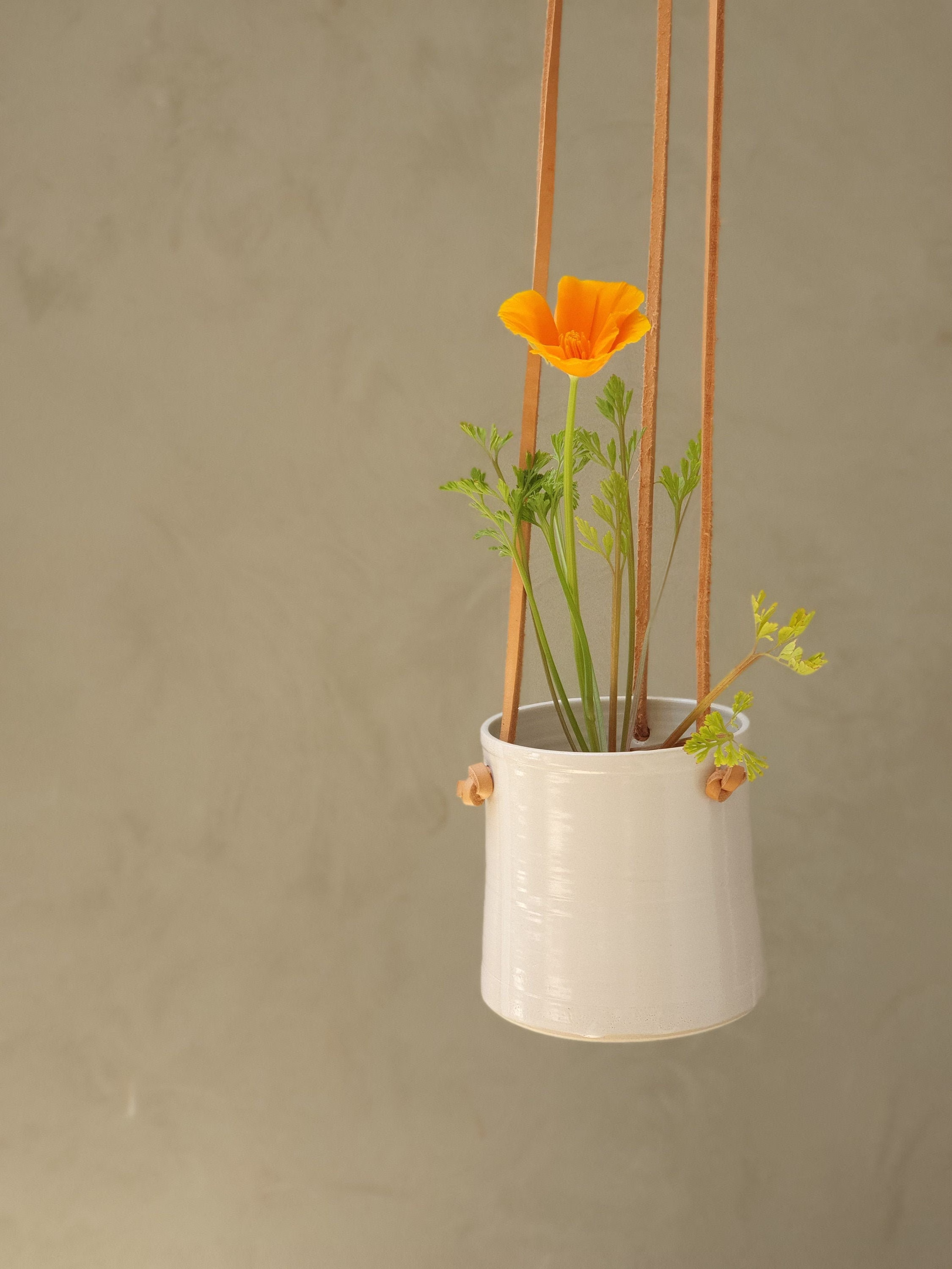 Handmade White Ceramic Hanging Planter, With Brown Leather Straps, Minimalist Pottery, Flower Plant Pot, Indoor Garden