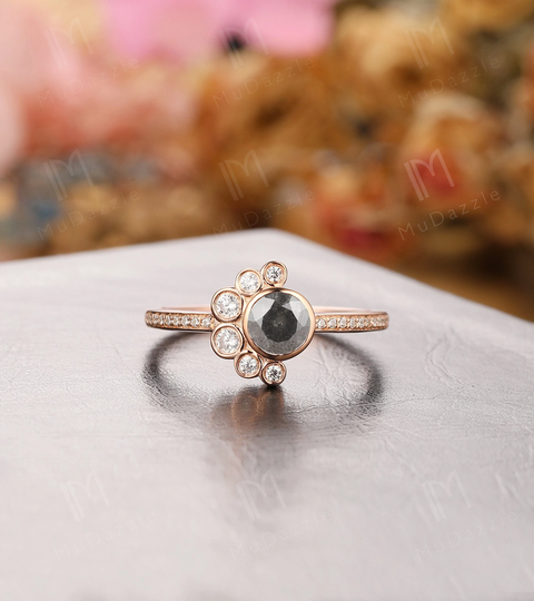 6.5mm Round Cut Bezel Set Salt & Pepper Moissanite Anniversary Ring/Valentine's Gift// Gorgeous Gray Engagement Wedding Ring Gold