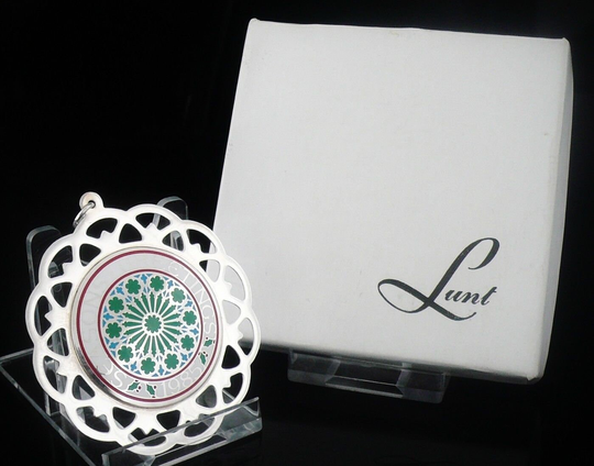 Silver Christmas Tree Decoration , Enamel, Sterling, Boxed, Vintage, Xmas, Ornament, American, Seasons Greeting, 1985 Lunt, Ref415I
