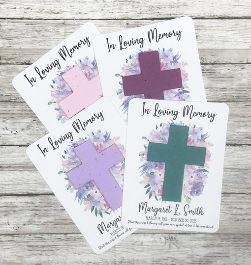 Plantable Seed Cross Purple Watercolor Flowers Vertical Memorial Cards Set Of 12 - Recycled Paper Favors in Loving Memory