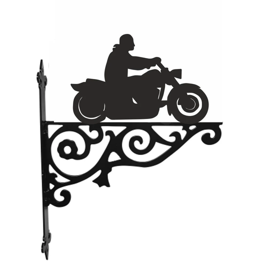 Motorbike & Rider Ornamental Hanging Bracket - Contemporary Basket Wall Mounted Decorative Garden Black