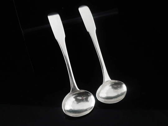 Pair Silver Salt Spoons, Scottish Provincial, Cutlery, Tableware, Condiment, Antique, Alex Cameron Of Perth C.1830, Ref426J