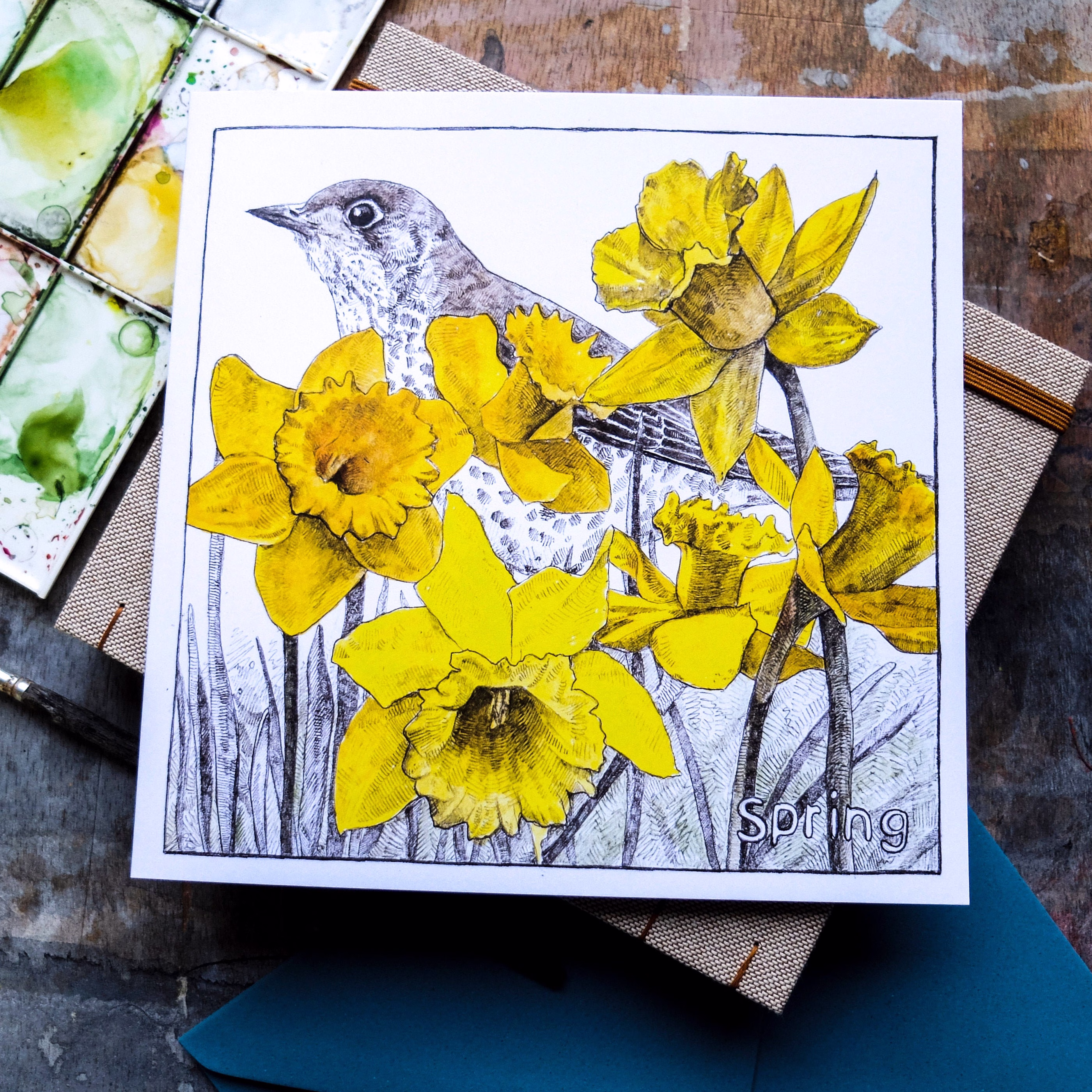 Spring Card - The Mistle Thrush in The Yellow Blank Inside, Seasons, Nature Lovers