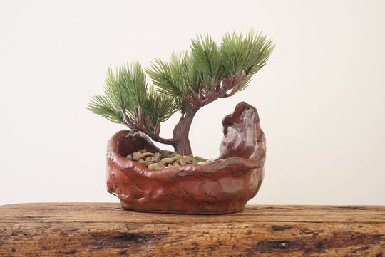 Bonsai Pot. Red Black Stone Effect Bonsai Dish. Handmade Studio Pottery