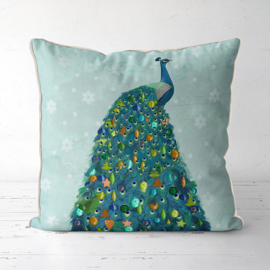 Christmas Pillow Cover, Peacock Tree Decorative Cushion Holiday Season Gift Buying, Blue Bird Throw Xmas Decoration