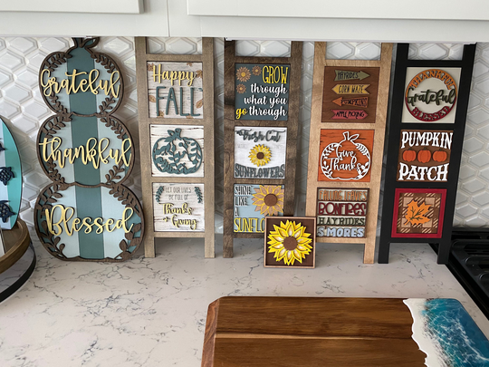 Leaning Ladder, Interchangeable Sign Holder, Holiday Decor, Seasonal Inserts, Wood Tiles