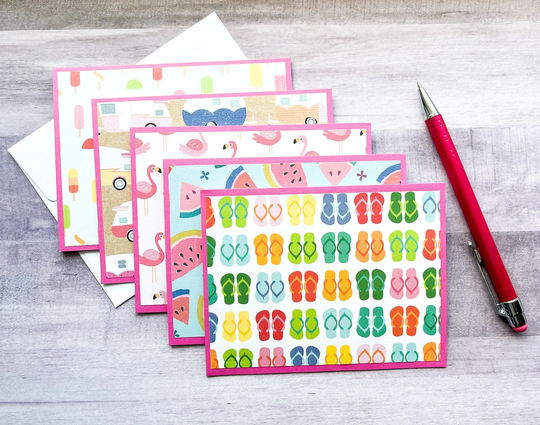 Summer Notecards, Stationary, Card Boxed Set, Seasonal Thank You Cards, Flip Flops, Flamingos, Hostess Gift
