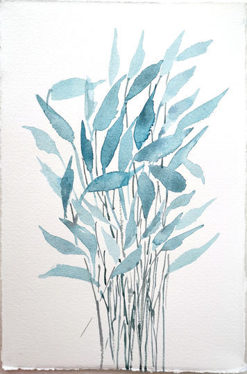 Abstract Blue Leaves Watercolor Painting | Botanical Illustration Original Nature Art Work Garden, Seeds, Minimalist Style